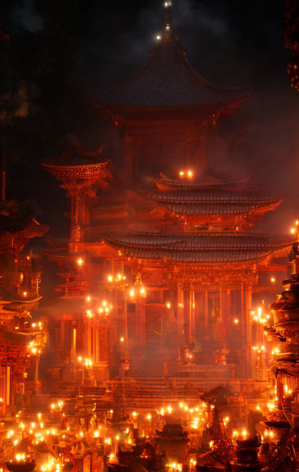 Asian temple illuminated by candles in warm, hazy ambiance