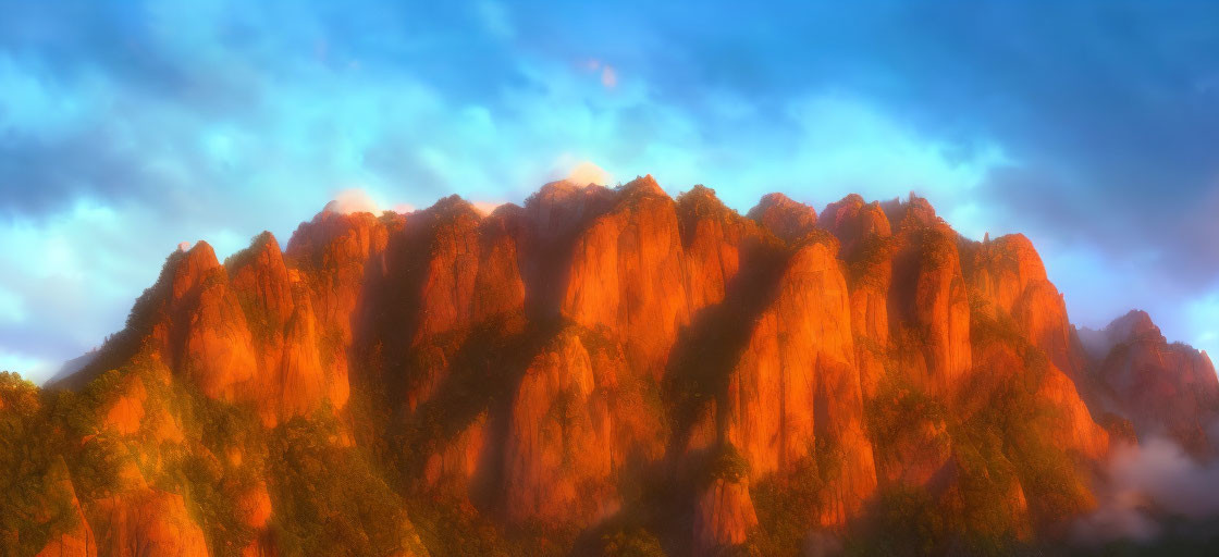 Majestic sunlit mountains with sharp peaks in misty panorama