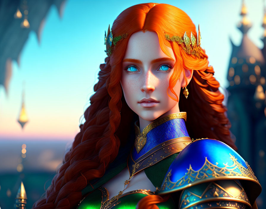 Digital artwork: Woman with red hair, blue eyes, gold armor, fantasy backdrop.