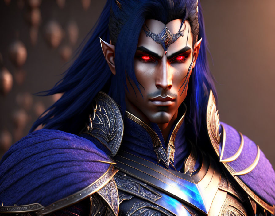 Fantasy character with blue skin, red eyes, and silver facial markings in ornate armor