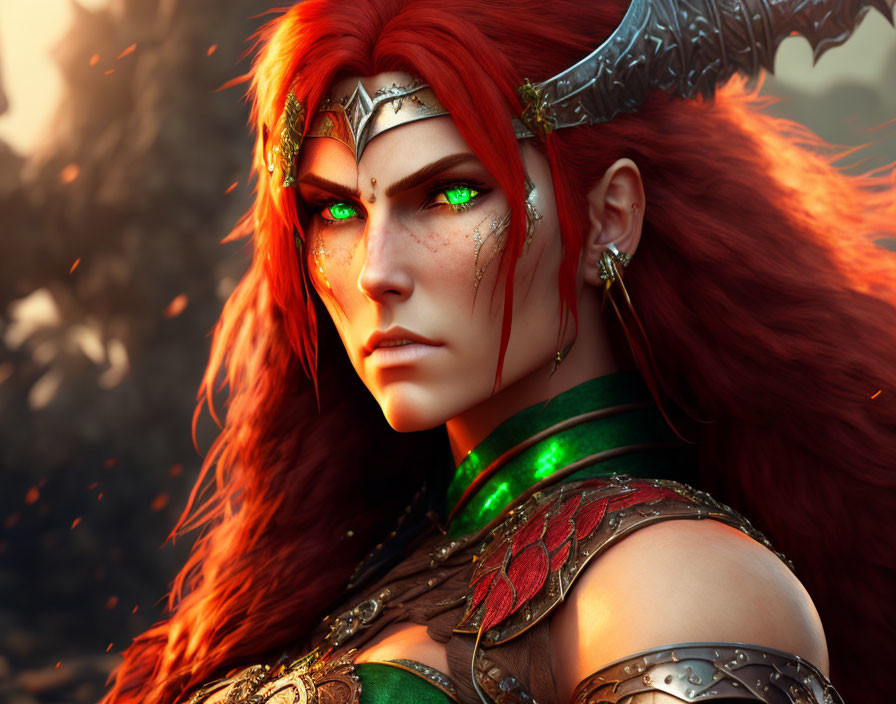 Detailed digital art of red-haired female warrior in ornate armor against natural backdrop