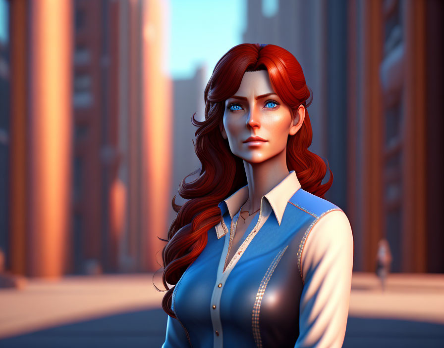 Red-haired woman in blue shirt, 3D cityscape at sunrise or sunset