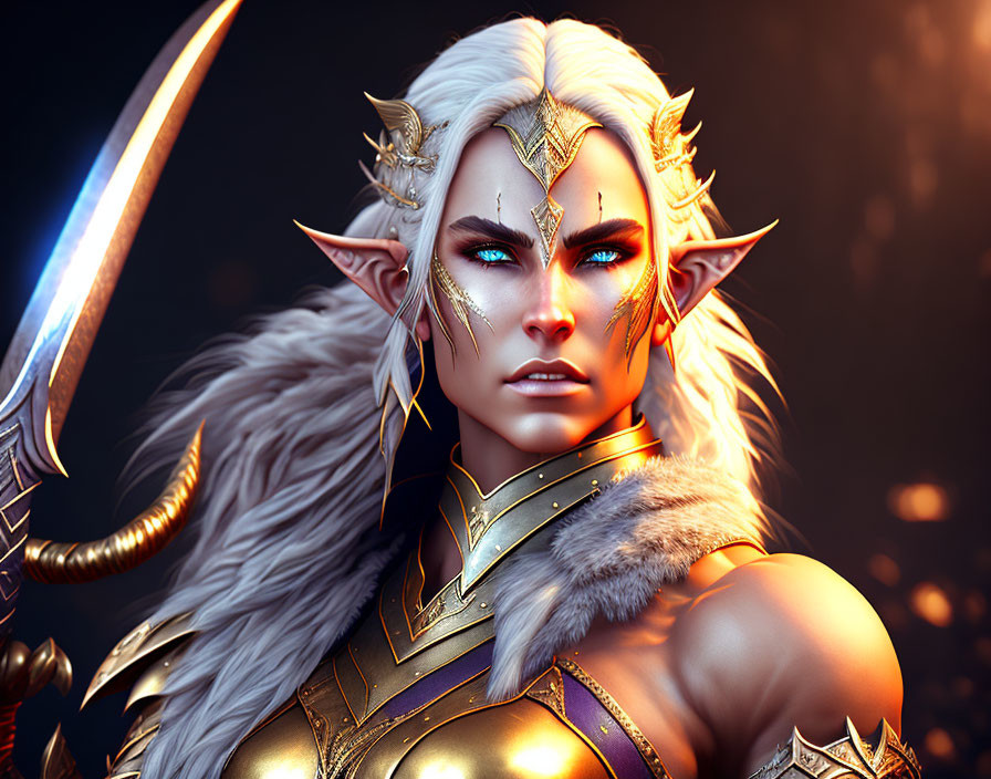 Fantasy warrior with white hair and gold armor holding a sword