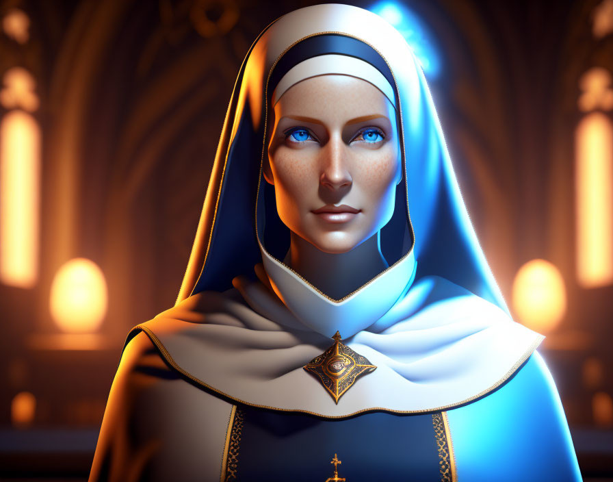 Serene nun in traditional habit with glowing cross pendant