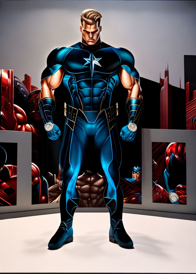 Muscular superhero in blue suit with star emblem against red futuristic cityscape