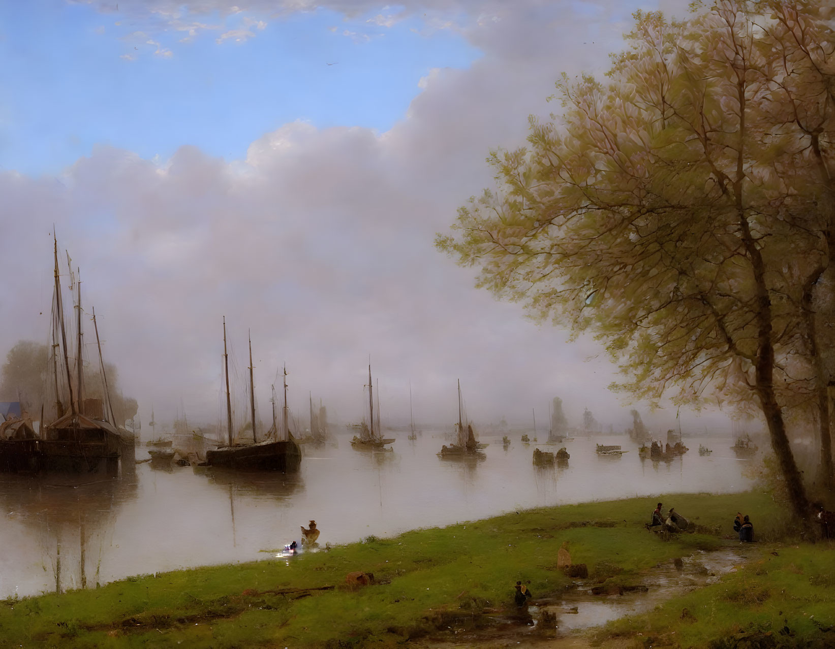 19th-Century Landscape Painting: Sailboats on Misty River