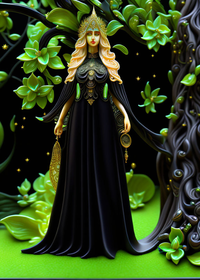 Illustrated fantasy woman with golden hair in ornate attire surrounded by green foliage and stars