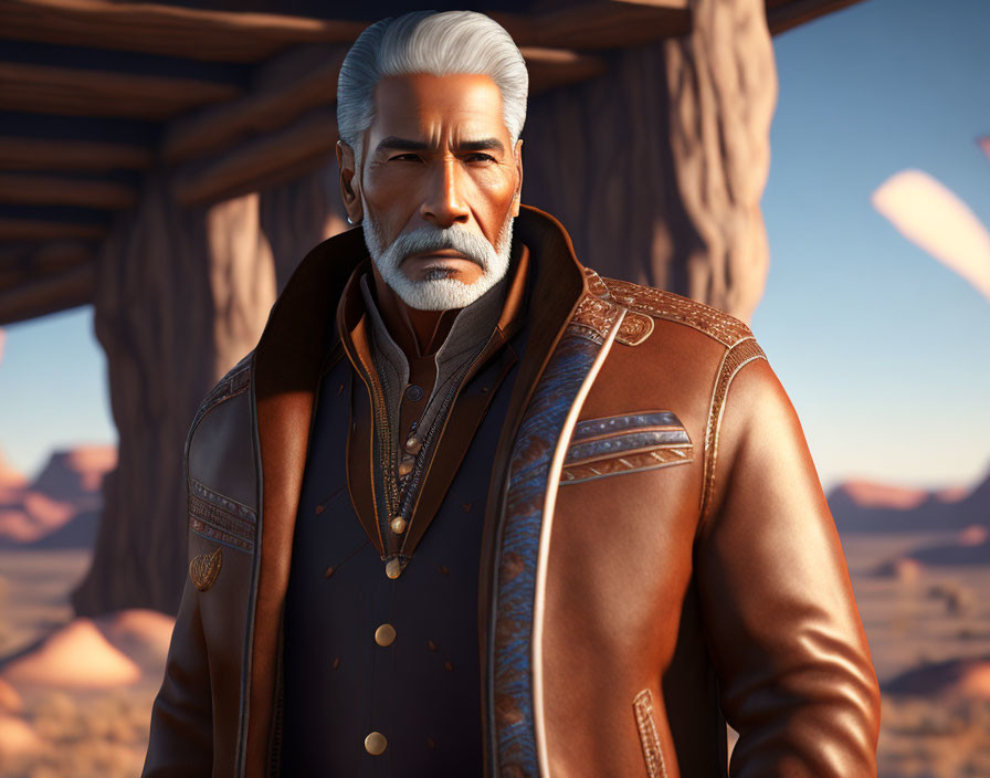 Elderly animated character with white hair and beard in desert setting under wooden structure