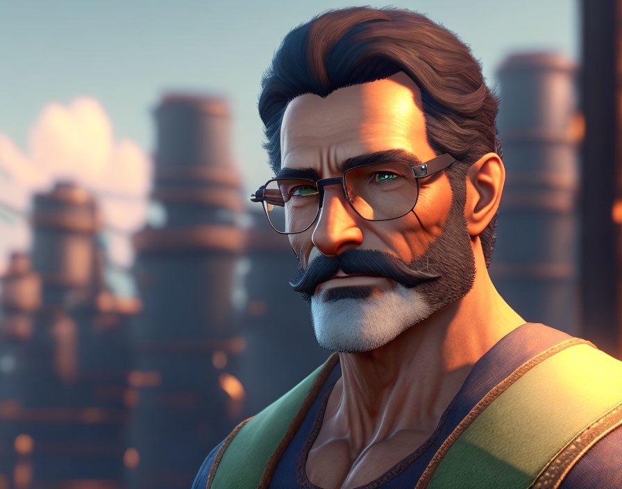 Stylized 3D image of man with mustache, beard, glasses, and confident expression