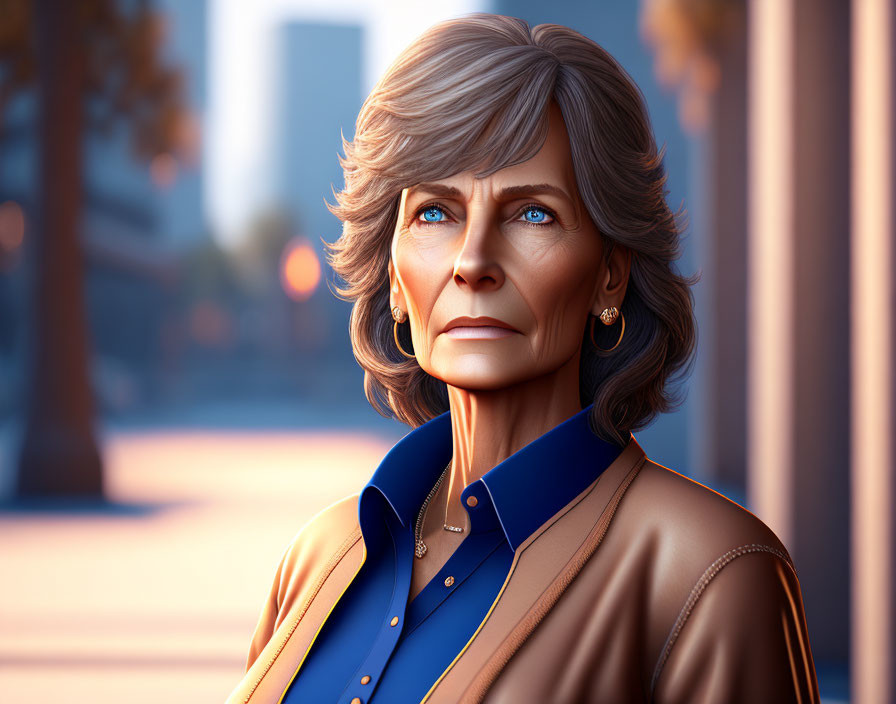 Detailed digital portrait of older woman with blue eyes and styled hair in blue shirt and tan coat.