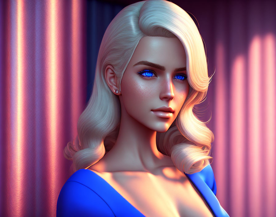 Digital artwork featuring woman with blue eyes and blonde hair in blue top, under warm light against cool background