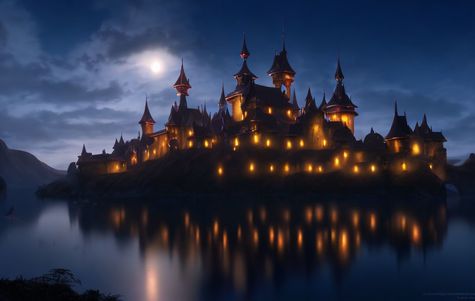 Mystical castle on hill with illuminated windows at night