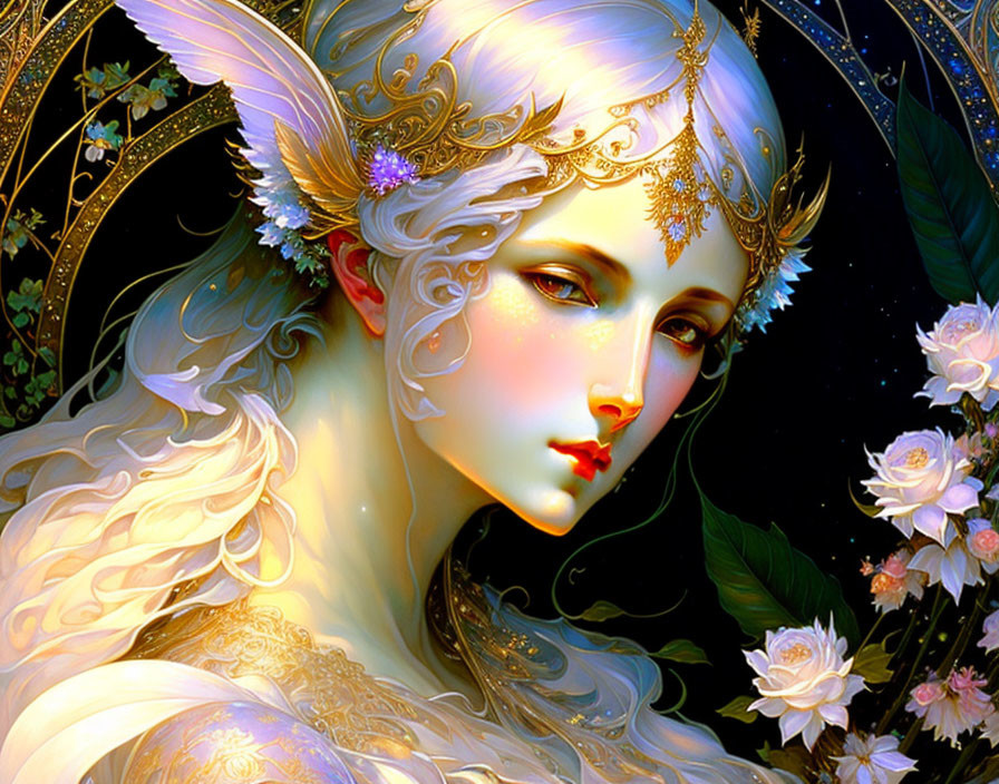 Digital art portrait of fantasy woman with pale skin, golden headdress, and white roses.