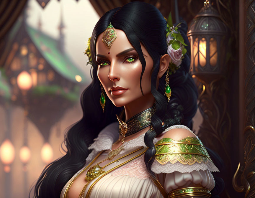 Regal woman digital illustration with green eyes and black hair