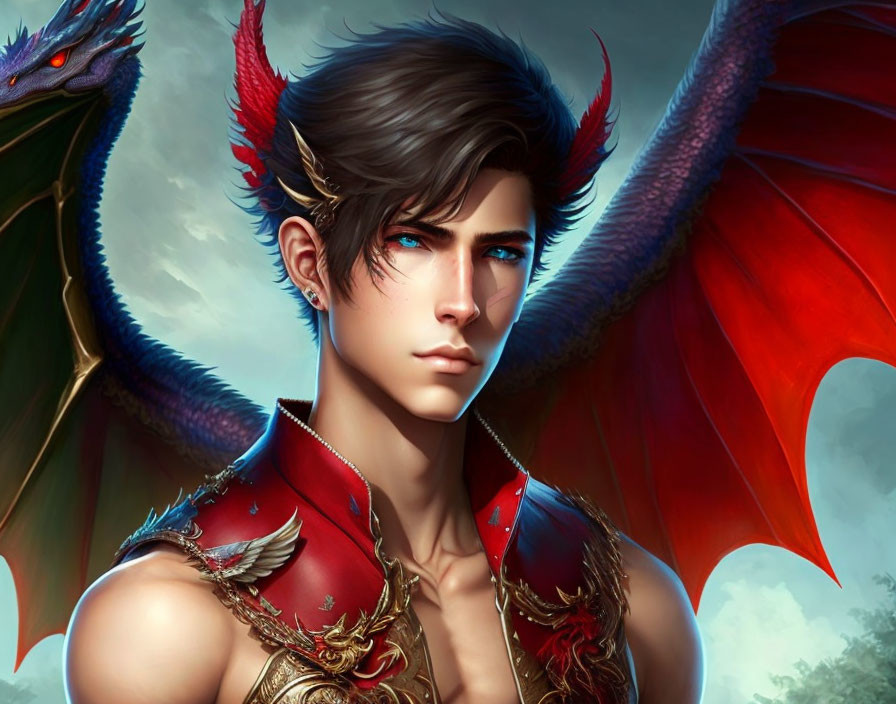 Fantasy character with blue eyes, dragon wings, and red armor