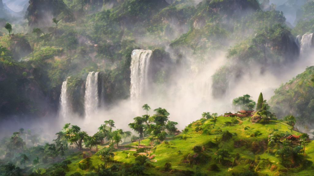 Tranquil landscape: waterfalls, greenery, mountains, settlement