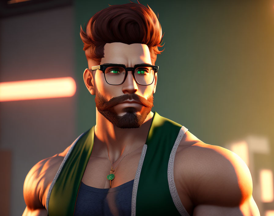 Muscular man in glasses with beard, sleeveless shirt, jacket over shoulder