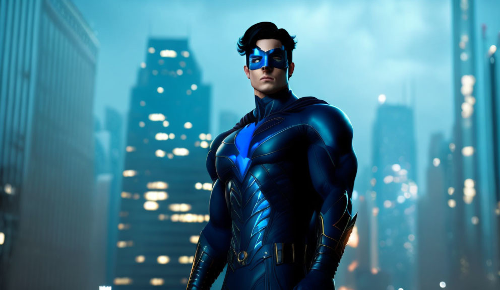 Male superhero in blue suit and mask against cityscape at dusk