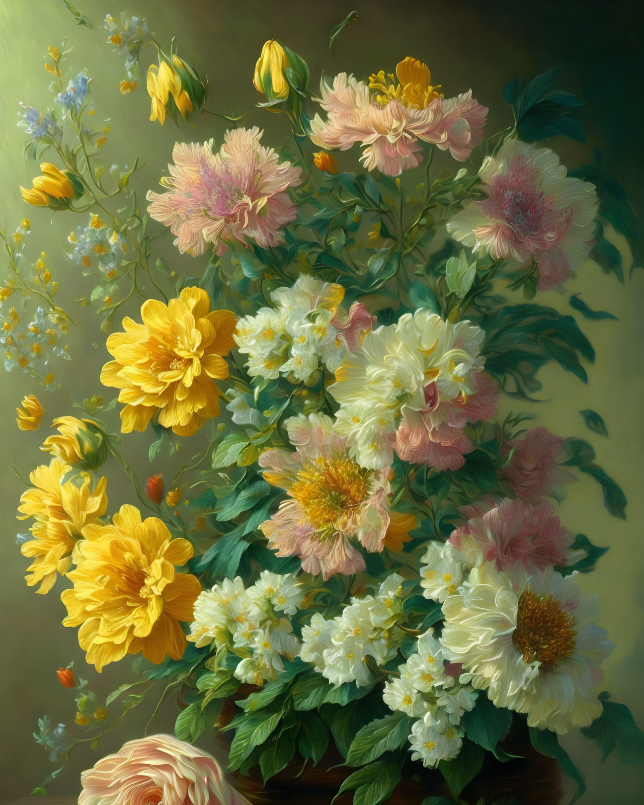 Vibrant still-life painting of yellow and pink flower bouquet