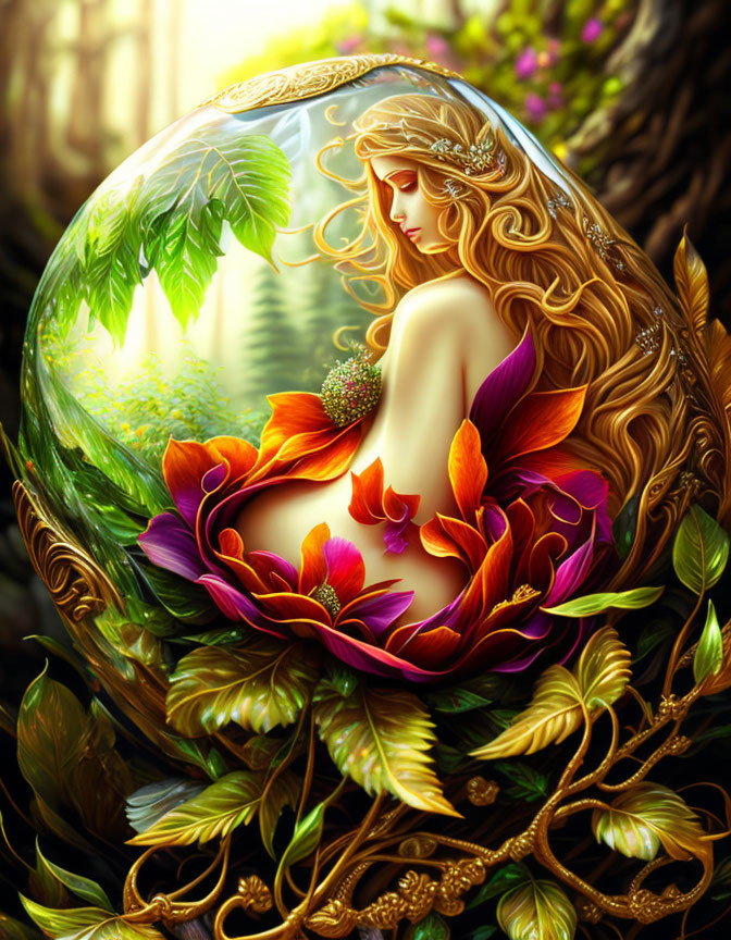 Illustrated woman with flowing hair and glowing orb surrounded by vibrant foliage and flowers