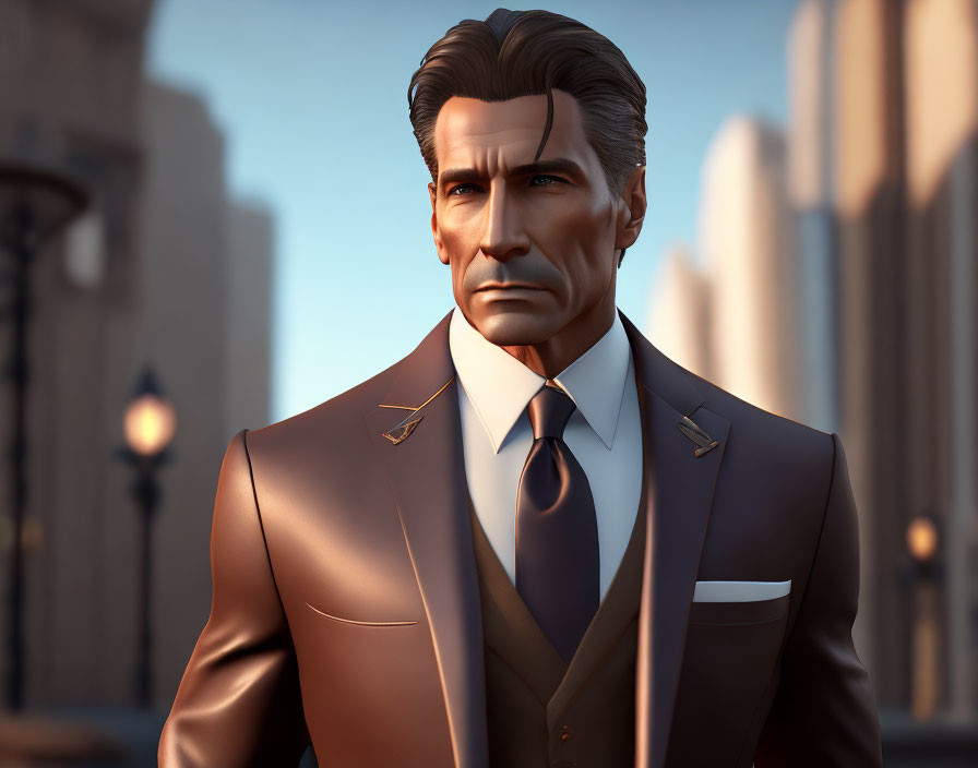 Detailed 3D illustration of a distinguished man in brown suit and blue tie in urban setting at dusk