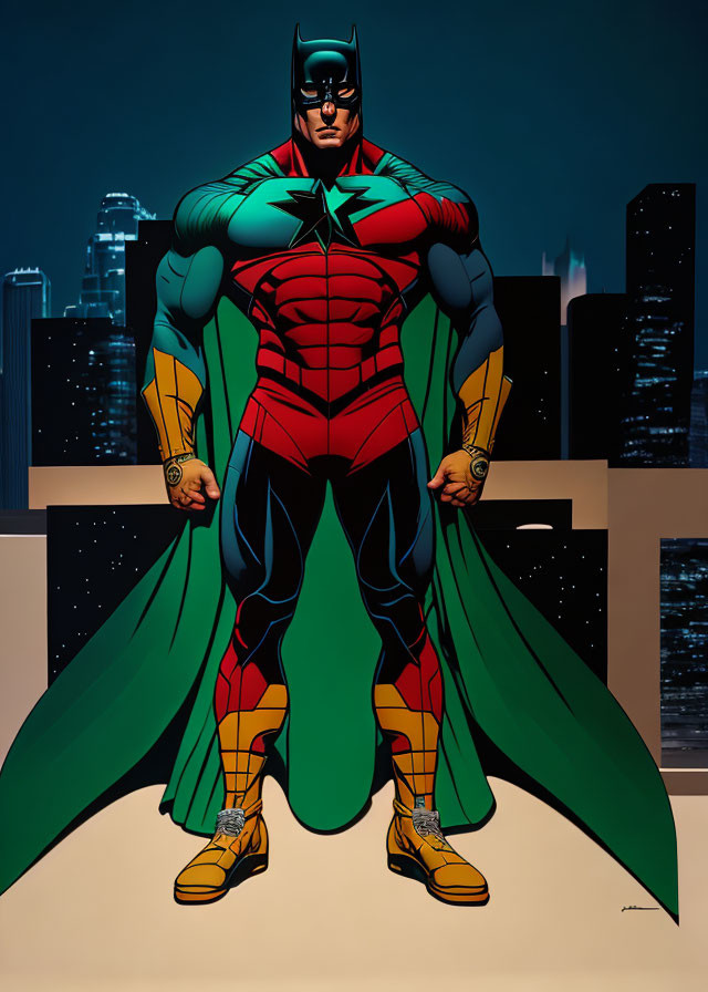 Muscular superhero in green cape and star emblem suit against cityscape at night