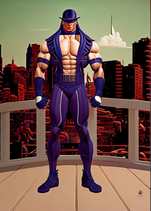 Muscular superhero in purple costume on balcony at sunset