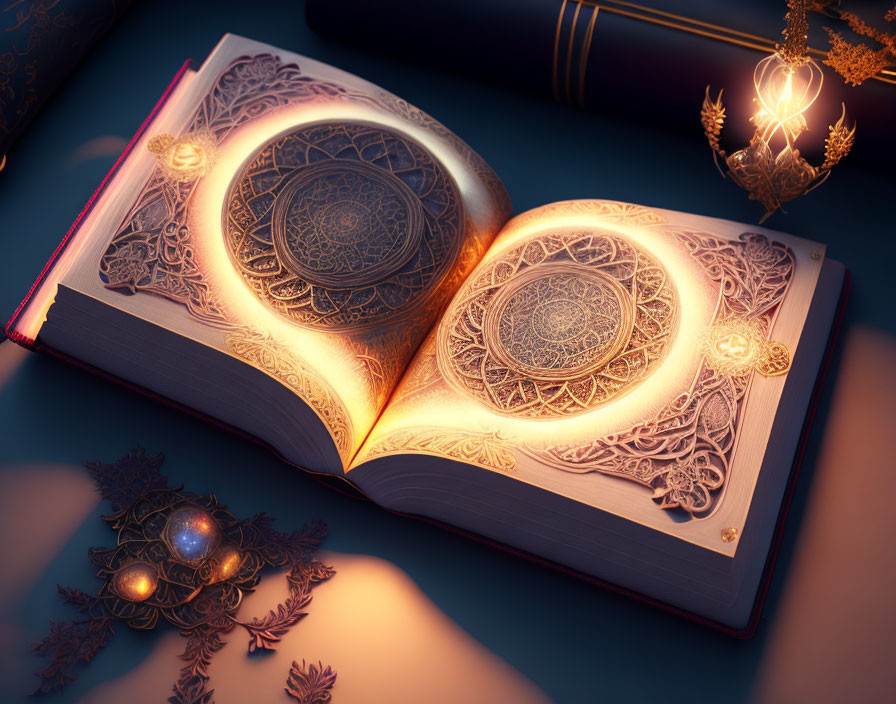 Intricate Mandala Designs on Open Book Against Dark Background