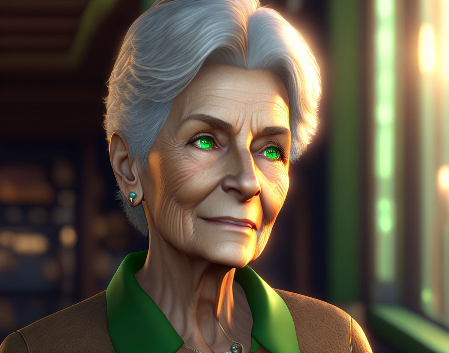 Elderly woman with white hair and green eyes in golden light