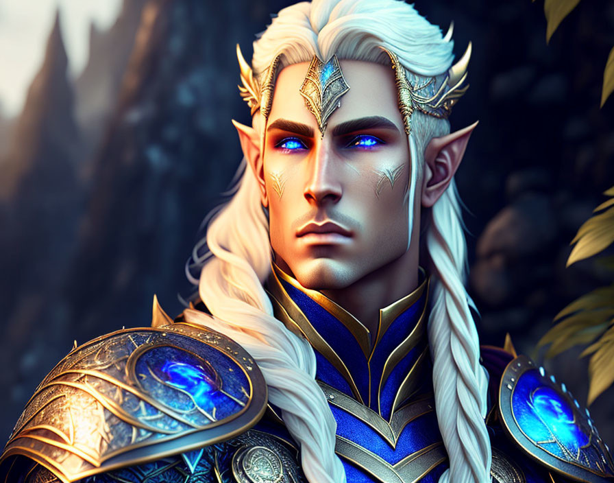 Majestic silver-haired elf in golden armor against forest backdrop