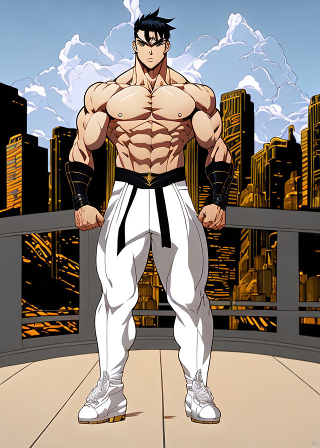 Muscular animated character on rooftop with skyscrapers in background in white pants and sneakers