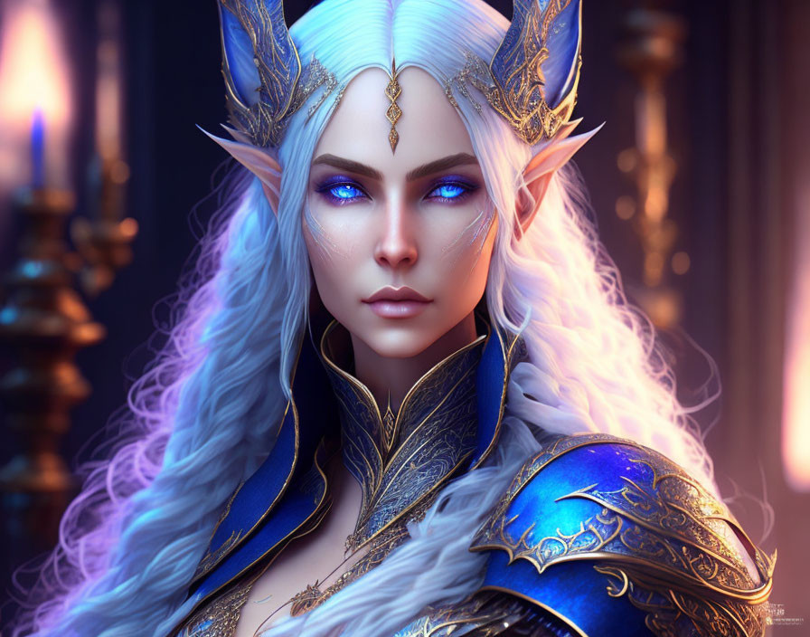 Fantastical female character with blue eyes, white hair, and elven armor