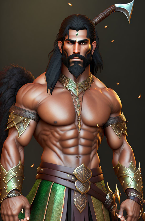 Muscular animated character in golden armor with weapon on dark background