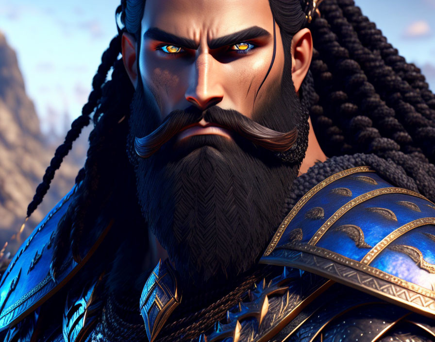 Animated warrior with blue armor, black braided beard, and orange eyes