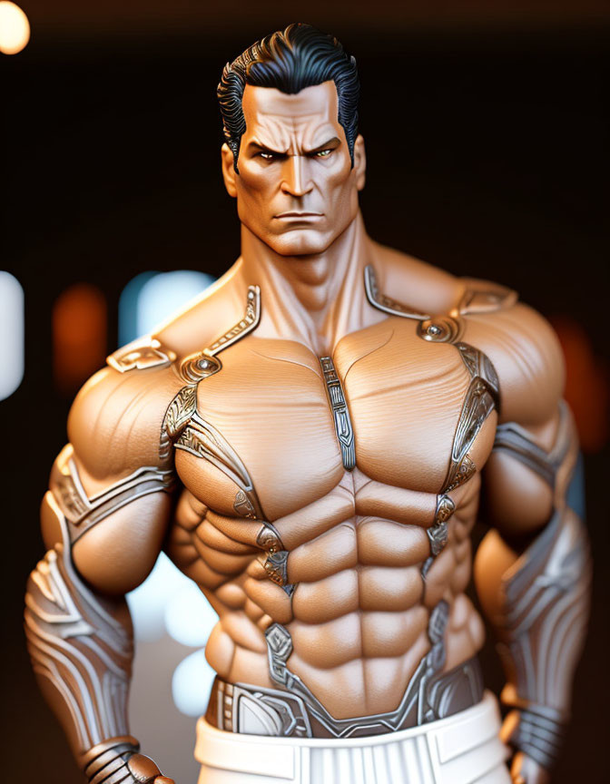 Muscular male superhero in armored suit with stern expression