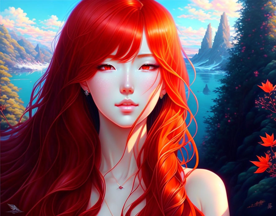 Digital artwork: Woman with vibrant red hair and pale skin in dreamy red foliage and mountain backdrop