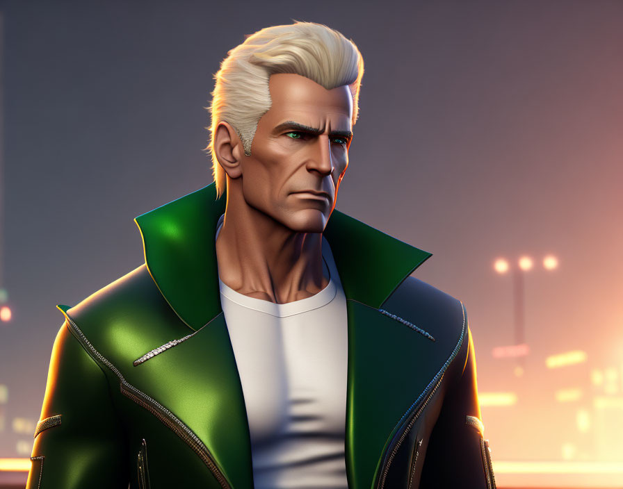 Character with slicked-back white hair in green leather jacket on twilight cityscape background