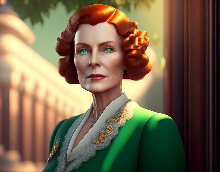 Vintage Hairstyle Woman in Green Suit 3D Rendering