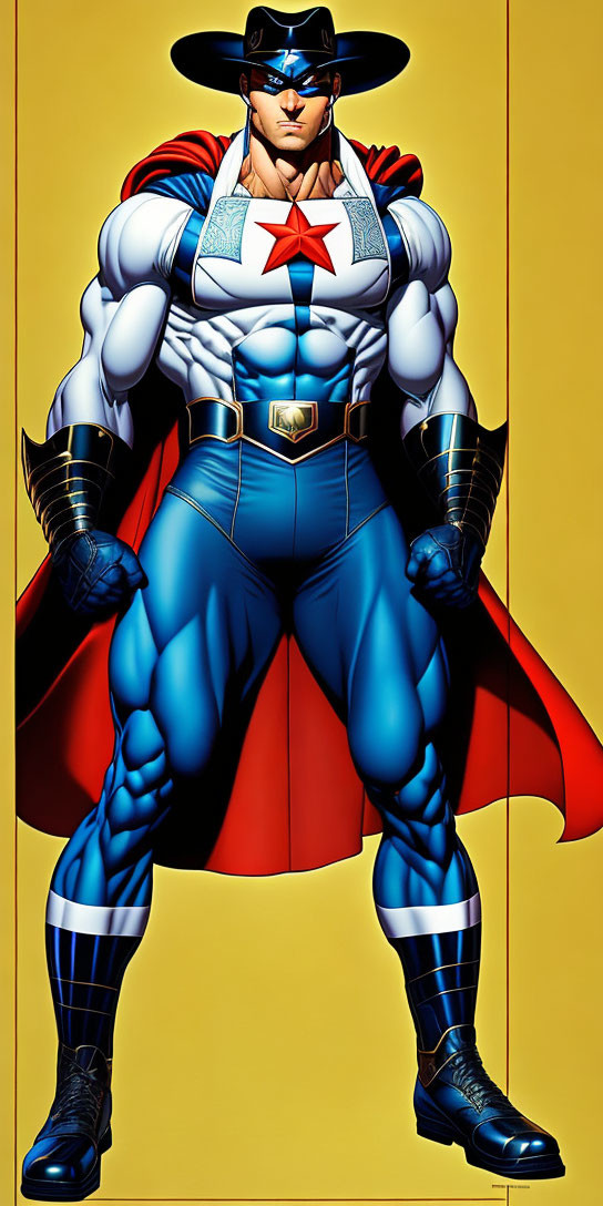 Muscular superhero with cowboy hat, star emblem, blue suit, red cape, gold belt & gloves