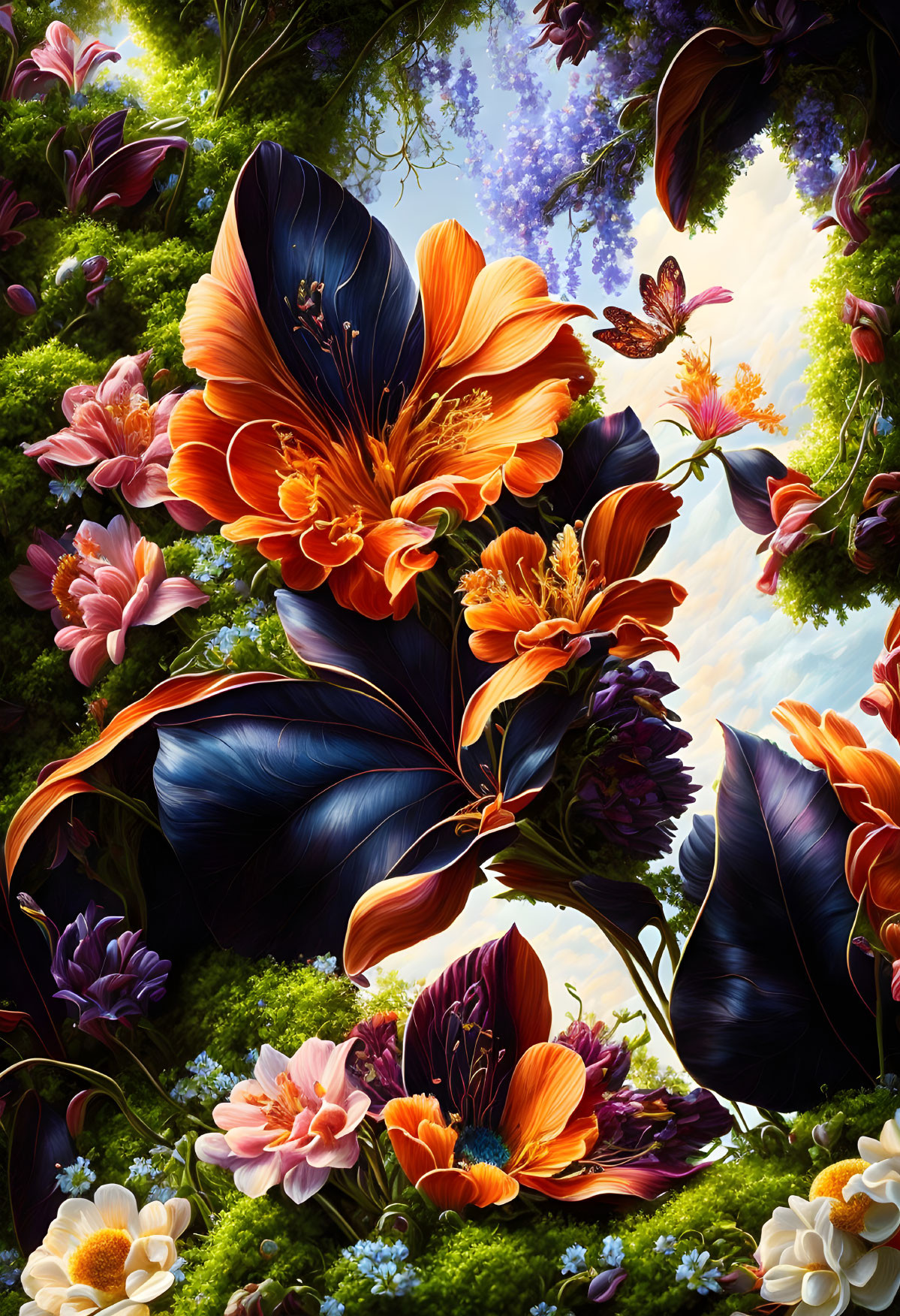 Colorful digital artwork: Oversized blossoms, butterflies, oranges, purples, blues,