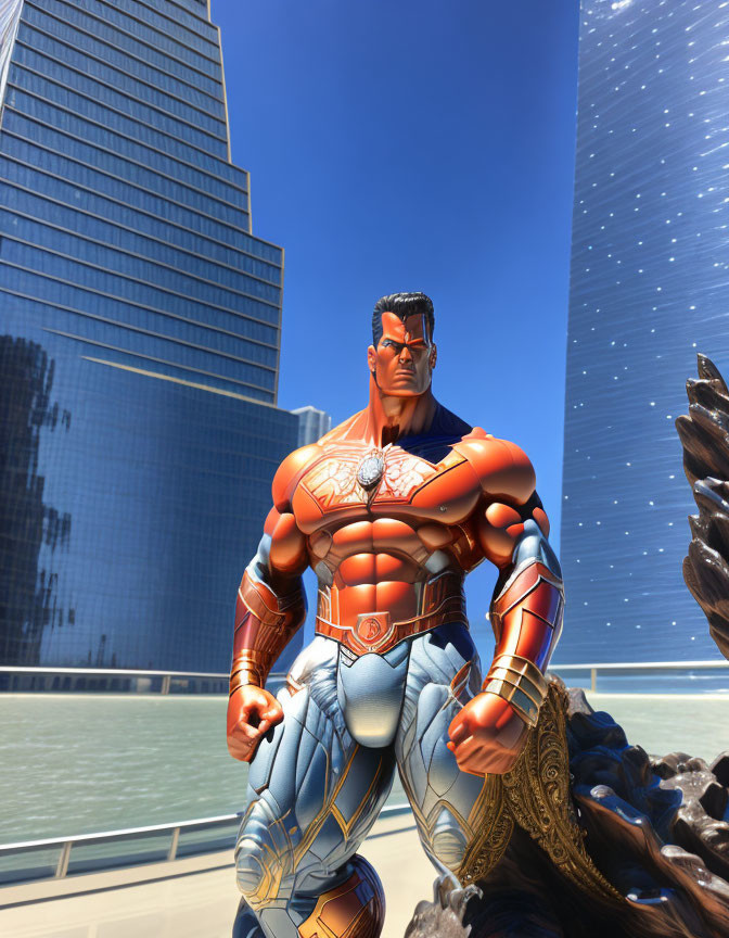 Muscular superhero in 3D cityscape scene