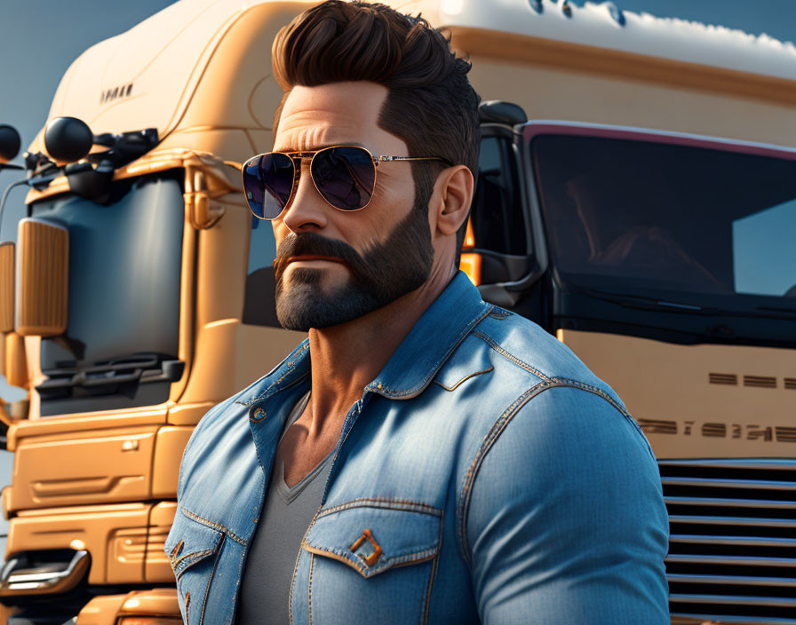 Animated character with beard and aviator sunglasses by semi-truck at sunset