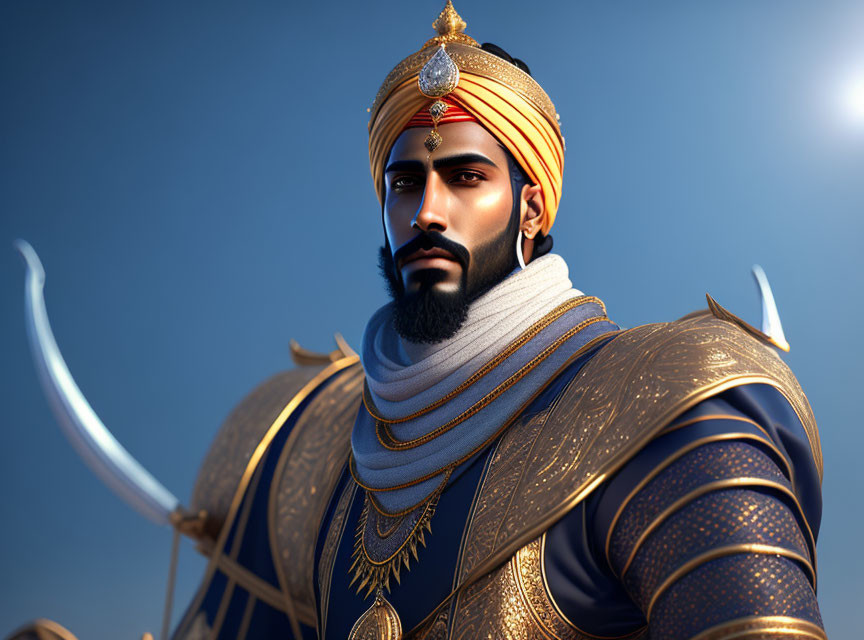 Regal animated character in golden turban and ornate armor with sword