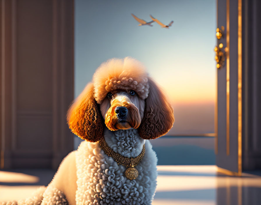 Stylishly groomed poodle with golden necklace gazes at plane in sunset sky