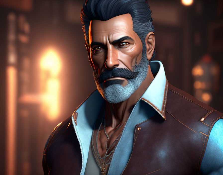 Mature Man Illustration: Gray Beard, Blue Jacket, Intense Gaze