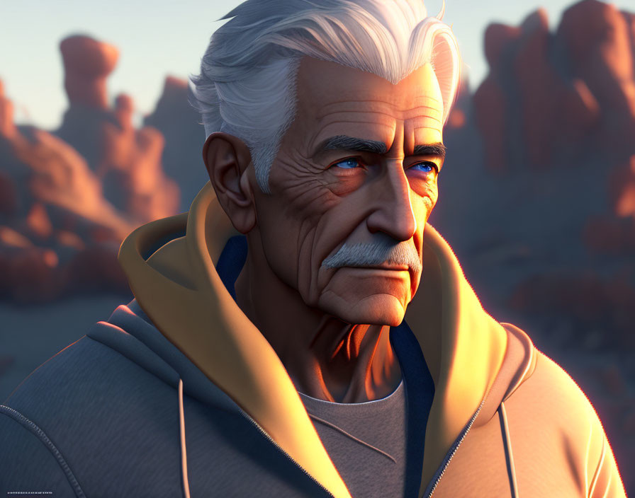 Elderly animated character with white hair and mustache in yellow collar against red rock formations