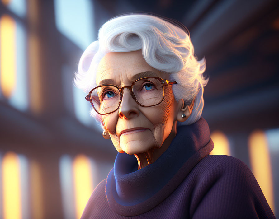 Elderly woman with white hair and glasses in purple scarf gazes thoughtfully.