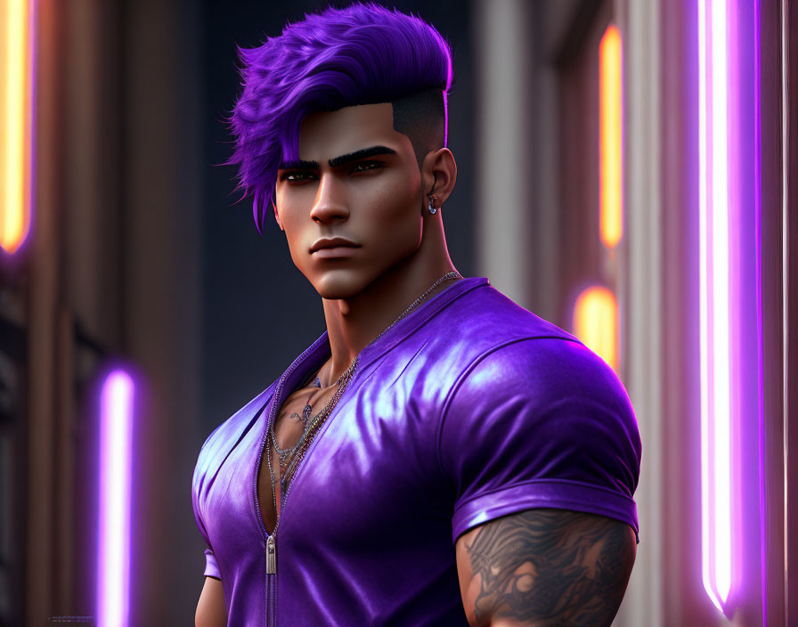 Stylized 3D illustration of man with purple hair and tattoos in front of neon lights