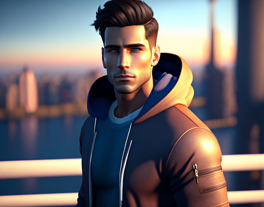 Modern Hoodie-Wearing Male Character in 3D Animation at Cityscape Sunrise/Sunset