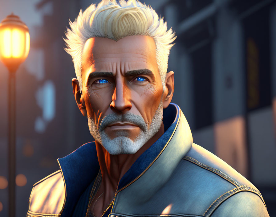 3D-rendered mature male character in blue jacket with white hair and beard on urban backdrop.